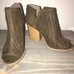 Olive suede open toe booties